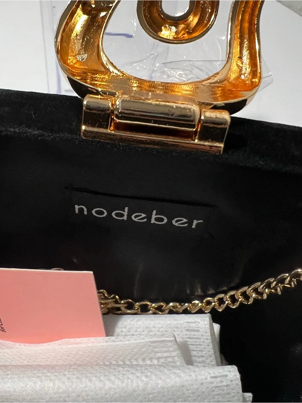 Nodeber Black Velvet Clutch Snake Clasp Gold tone Chain Evening cocktail Bag NWT